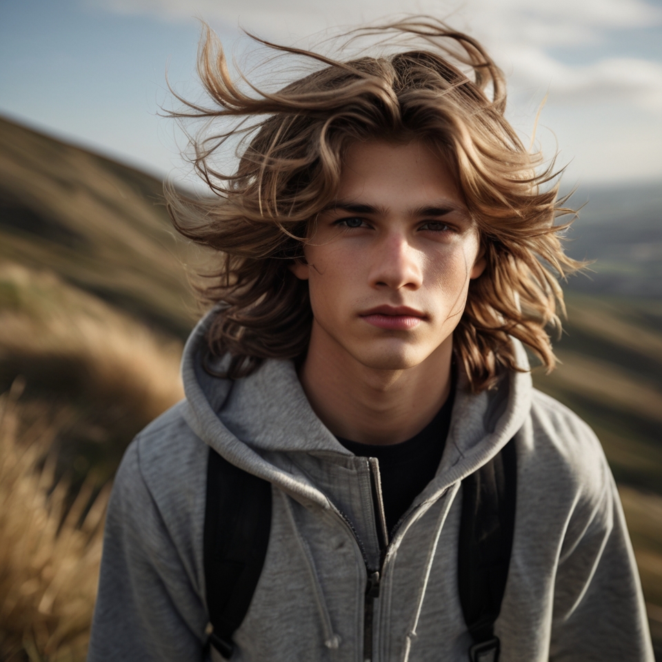 Person with long, wavy hair wearing a grey hoodie and a backpack.