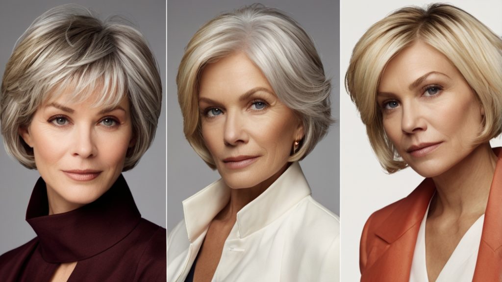 Three individuals with short, layered bob haircuts in varying shades of blonde and gray.