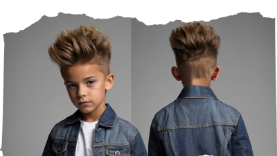 Boy with V-shaped hairstyle, front and back view, wearing a denim jacket. Text reads "21 V Shape Hairstyle Ideas for Boys" and "stylenessentials.com".