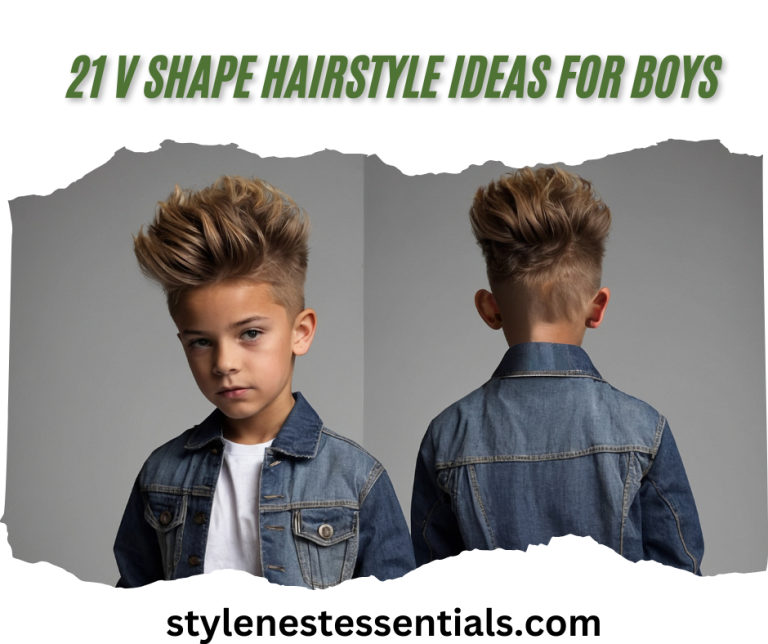 Boy with V-shaped hairstyle, front and back view, wearing a denim jacket. Text reads "21 V Shape Hairstyle Ideas for Boys" and "stylenessentials.com".