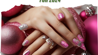 A close-up of a hand with bright pink Christmas-themed nail art.