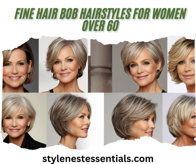 A collage of bob hairstyles for women over 60 with fine hair.